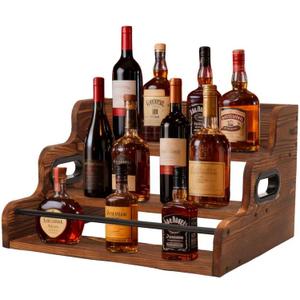 3-Tier Wood Bottle Display Shelf, Modern Liquor Bottle Rack Organizer, Brown Countertop Wine Rack Bar Shelves Stand Essentials for Liquor Storage