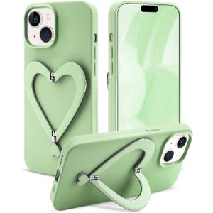 Jusy Case for iPhone 13, Cute Heart with 3D Heart Stand Slim Fit Liquid Silicone Soft Anti-Scratch Microfiber Lining Shockproof Protective Phone Cover for Girly Women Case - Green