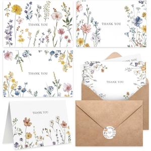 102 PACK Floral Thank You Cards With Envelopes (4"x6") - Wildflower Blank Cards With Adhesive Envelopes & Matching Stickers for Wedding, Bridal Showers, Baby Showers, Birthday, All Occasion