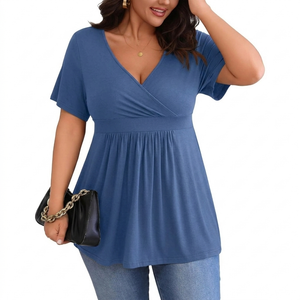 POSESHE Womens Plus Size Tops 2026 Summer Short Sleeves Tunic Tops Casual V-Neck Wrap Shirts Cute Dressy Work Blouses (Blue, XXXL)