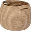 MEGASKET Decorative Wicker Storage Basket, 11" x 9" Indoor Plant Basket for Home Decor, Round Woven Dog Cat Toy Bin with Handle, Bathroom Towel Storage, Jute Planter Holder, Shelf Closet Organizer