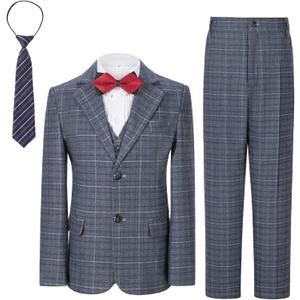 Boys Formal Suit Set Kids Toddler Tuxedo Slim Fit Plaid Suits for Teenage Boys 5-Piece Wedding Party Outfit, 5T