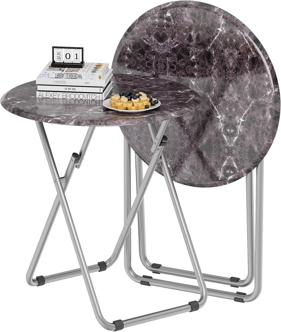 TV Tray Table, Portable TV Dinner Table for Eating, Small Foldable Round Table, TV Side Trays Table Set of 2, Snack Table for Couch, Living Room, Outdoor, Small Space (Black Marble, 2Pcs)