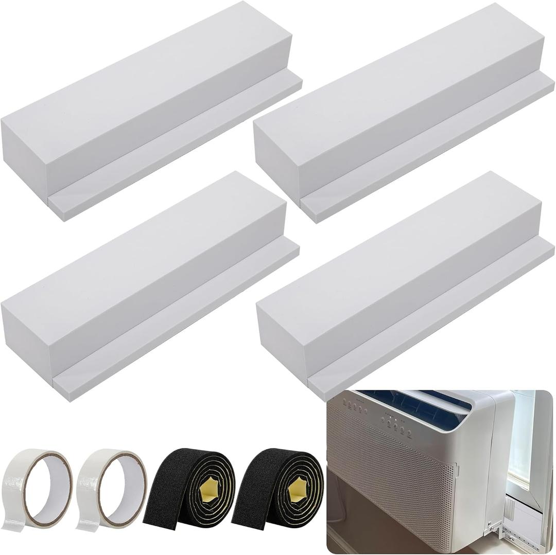 moonoom 4 Pack Air Conditioner Foam Block, Window AC Side Foam Block Kit with Foam Strip and Tape, Insulated Foam Panel for U-Shaped AC Units Prevent Air Leakage Summer Winter (White)