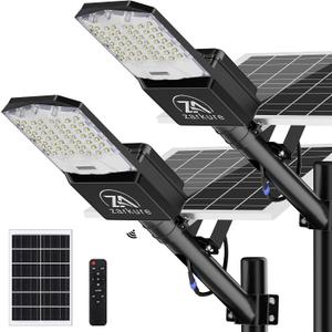 9500W Solar Street Lights Outdoor, 2PCS 40000mAh IP67 Waterproof Solar Security Flood Lights 7000K 450000LM Bright LED Beads Commercial Parking Light with Remote Control for Street, Court, Barn-Black