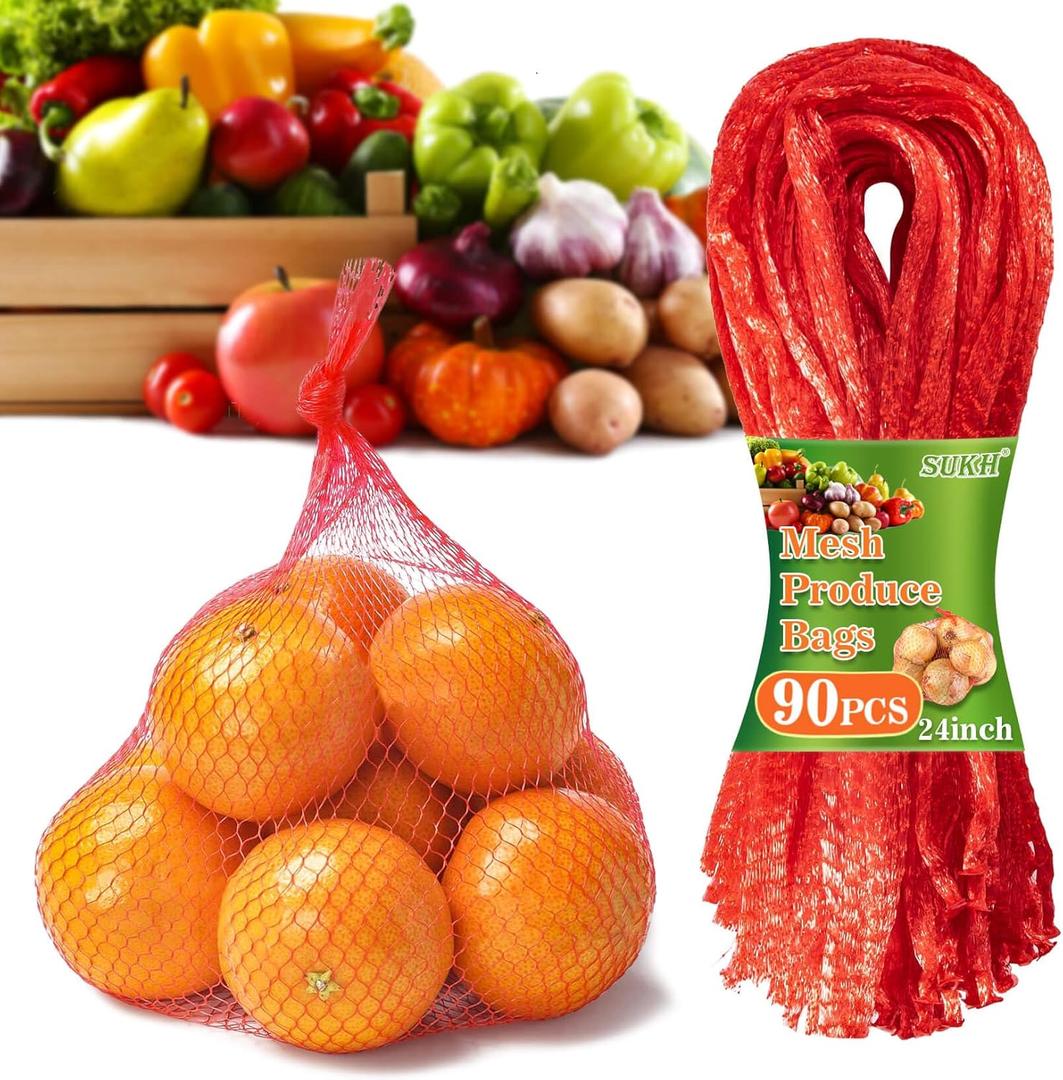 Sukh 90PCS Mesh Produce Bags - 24Inch Mesh Vegetable Bags Onion Storage Net Produce Seafood Net for vegetables Storage Fruits Seafood and Other Agricultural Products Red (Red)