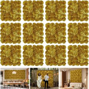 Autumn Collection Artificial Fall Flower Wall Panels - 12-Piece Set of 15x15inch Gold Silk Roses Flowers Wall Backdrops for Fall Weddings Thanksgiving Background and Seasonal Home Elegance