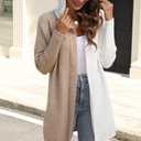 Womens Hooded Long Cardigan Color Block Open Front Knit Cardigan Oversized Lightweight Knit Sweater Outwear (L)