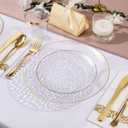 DaYammi 175PCS Clear Gold Plastic Dinnerware Set, Plastic Plates Disposable Hammered Disposable Plates for Party, Include: 25 Dinner Plates 25 Dessert Plates 75 Gold Silverware 25 Napkins 25 Cups