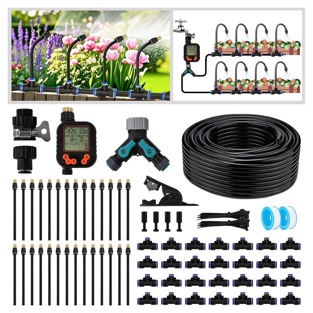 Drip Irrigation Kit - 100 FT. Hose Sprinkler System with 360 nozzles and T-connectors for Gardens, lawns, Plants, Flower beds, Trees, patios and hydroponics (Closeable nozzle-28)
