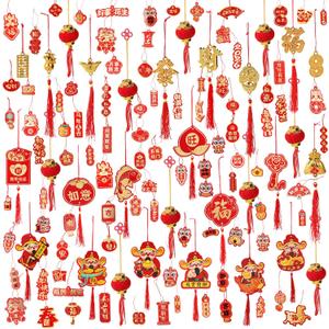 176 Pcs Chinese Lunar New Year Decorations 2026 Chinese Hanging Decoration Spring Festival Lucky Hanging Red Lanterns Gold Tree Ornaments for Asian China Lunar New Year Party of The Horse Decor