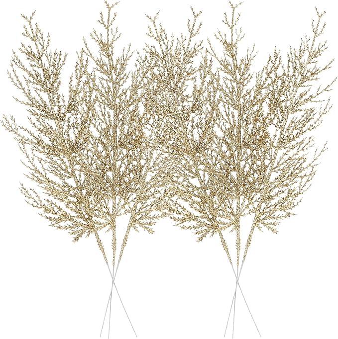 Sea Team 24-Pack Artificial Glitter Pine Tree Twig Ornaments, Decorative Sticks, Glittery Stems, Picks, Branches for Christmas Tree, Small Vase, Holiday, Wedding, Party (14 Inches, Gold)