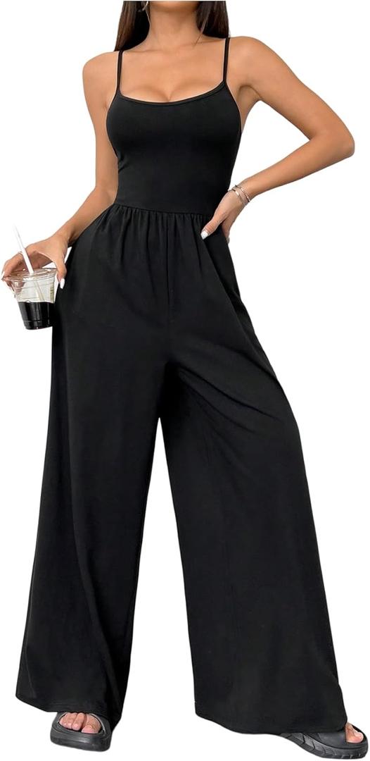 Floerns Women's Summer Jumpsuit Spaghetti Strap One Piece Outfit Wide Leg Baggy Pants Romper (Large)