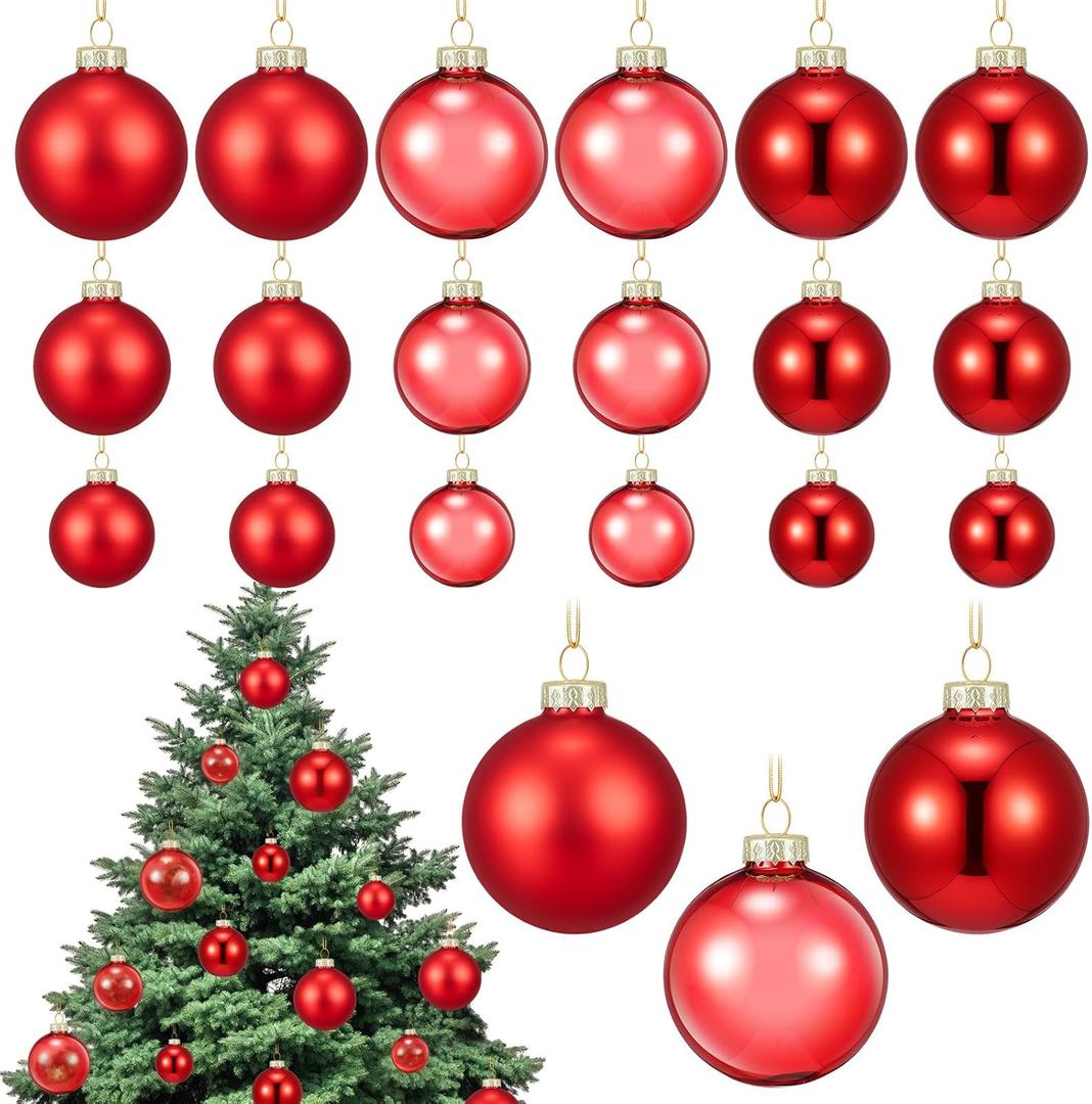 18 Pcs Glass Christmas Ball Ornament Set 1.18'' 1.57'' 2.36'' Christmas Tree Decoration Baubles Matte Shiny Clear Hanging Glass Balls Bulk for Xmas Tree Party Holiday Decor Gifts(Red)