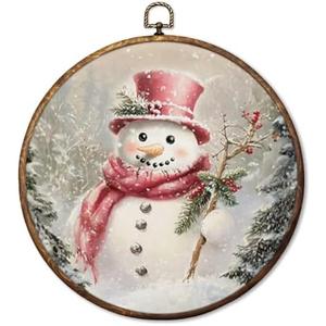 HUGANE Pink Snowman Winter Christmas Round Wall Art Decor, Rustic Christmas Tree Winter Snowman Hanging Canvas Framed Prints Wall Sculptures for Home Bedroom Living Room Decor, 10x10 Inch