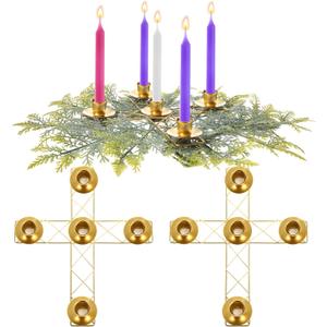 1 Pc Christmas Advent Candle Wreath Ring Metal Candle Holder for Pillar Advent Rustic Candlesticks Holders for Xmas Table Centerpiece Decor Home (Thin,Cross)