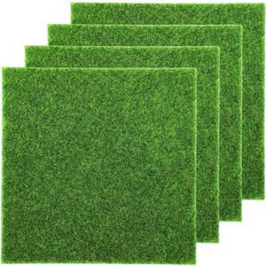 4 Pcs Fake Grass Decor for Crafts, 6 x 6 Inch Fairy Artificial Moss, Miniature Model Turf Grass Accessories for Fairy Garden, Dollhouse Ornament DIY Decoration, Diorama Supplies