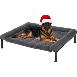 Veehoo Elevated Dog Bed Large Sized with Fluffy Plush Bolster Cushion, Washable Orthopedic Dog Couch Bed, Cooling Raised Pet Cot with Removable Mat, Breathable Mesh, No-Slip Feet, 45 x 34 inches, Grey