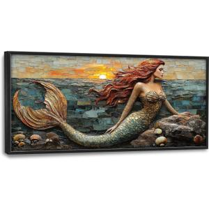 Large Beach Mermaid Wall Art for Living Room, Sunrise Coastal Canvas Oversized Wall Decor, Ocean Aesthetics Framed Pictures Painting Print Artwork for Bedroom Office 60L x 30W