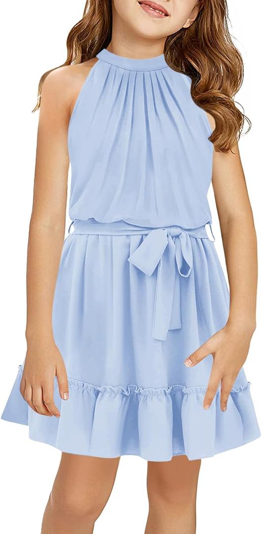 Newffr Girl's Halter Neck Sleeveless Summer Dress Tie Waist A-line Sundress Mini Swing Pleated Dress for Girls (9-10 Years)