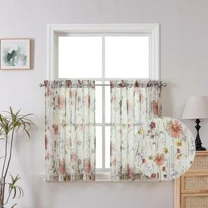 OWENIE Crushed Sheer Curtains Tiers 36 Inch Length 2 Panels, Printed Design Small Window Half Curtains Kitchen Tiers Bathroom Cafe Bedroom Cupborad Living Room, Light Filtering Curtain, 42"x36"