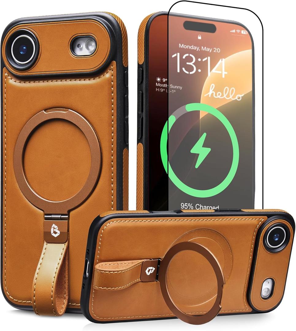 for iPhone Air Leather Case with Stand, Anti-Slip Grip Ring, Fits for MagSafe (Brown, IP Air-6.5inch)