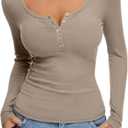 REORIA Women's 2025 Fall Long Sleeve Henley T Shirts Button Ribbed Knit Slim Fit Casual Basic Tops Blouse (Medium, Khaki)