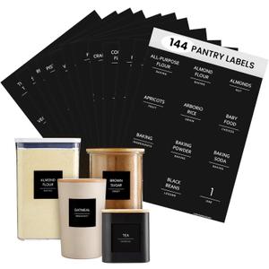 Talented Kitchen 144 Minimalist Pantry Labels  Preprinted White All-Caps on Matte Black Vinyl Stickers, Water-Resistant Adhesive Labels for Kitchen, Jars, Containers, Spices & Pantry Organization