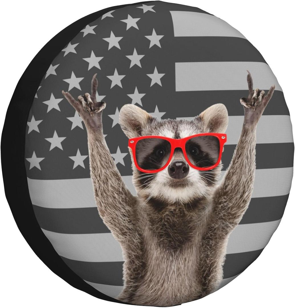 Spare Tire Cover for RV Camper Raccoon American Flag, Weatherproof Universal Wheel Cover for RV Travel Trailer Camper Truck 14inch