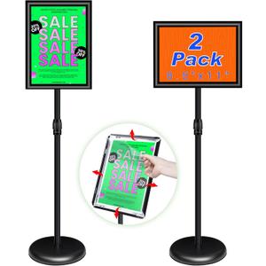 2Packs Adjustable Pedestal Sign Holder Stand 8.5''x11'', Floor Standing Poster Sign Stand, Aluminum Frame for Vertical/Horizontal View Sign stand,Outdoor/Indoor Standing Sign Holders, Black