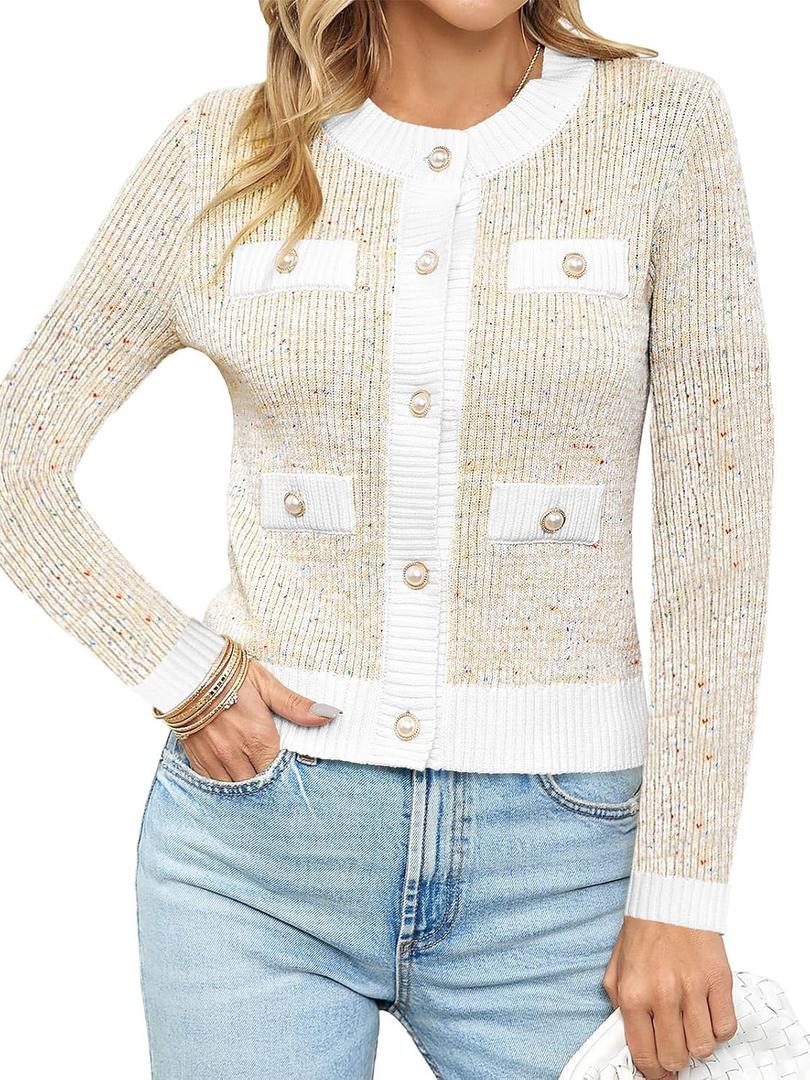 Langwyqu Womens Long Sleeve Button Down Cardigan Sweaters Cropped Open Front Tweed Jacket Fall Elegant Knit Tops (Large, Apricot)