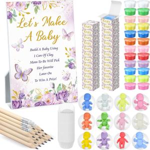 Blosssound Funny Baby Shower Games Decorations Let's Make a Baby Clay Game Sign Set 24 Play Clay 24 Pencils Shower Gender Reveal Game Activities Adults Boys Girls(Pink and Purple Butterfly)