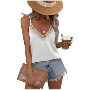 Verdusa Women's Guipure Lace Deep V Neck Cami Top Color Block Sleeveless Summer Tops White, Small