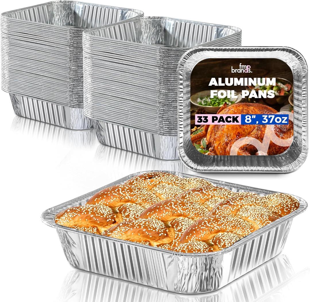 Fit Meal Prep 33 Pack 8x8 Aluminum Foil Square Baking Pans - 8 Inch Disposable Cake Pans, Foil Tins, Takeout Food Container for Baking, Cooking, Roasting, Heating, Storing and Meal Prep