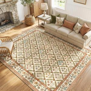 jinchan 8x10 Vintage Floral Washable Large Living Room Area Rug, Terracotta | Soft & Lightweight, Checkered Floral, Low Pile, Non Slip, Bedroom, Dining Room, Girls Room, Home Office, Cottage Decor