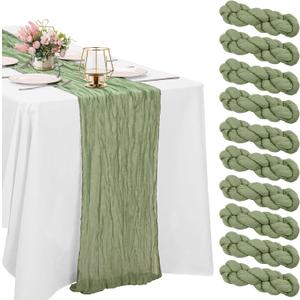 10 Pack Sage Green Cheesecloth Table Runner 6FT Boho Gauze Fabric Table Runner Vintage Rustic Sheer Runners for Wedding Party Bridal Baby Shower Long Table Decorations
