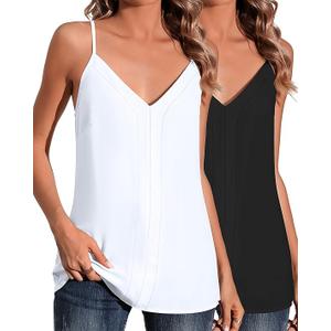 Huukeay 2 Pcs Women's V Neck Tank Tops Strappy Cami Shirts Women Chiffon V Neck Cami Tops Casual Sleeveless Tanks Blouse (Black, White,X-Large)
