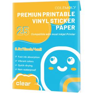 Colemoly Sticker Paper Clear Printable Vinyl for Inkjet Printer-25 Transparent Dry-Quick Sheets of 8.5x11 Decals and Labels Self-Adhesive Non-Waterproof Papers Tear Resistance Bright Color for DIY