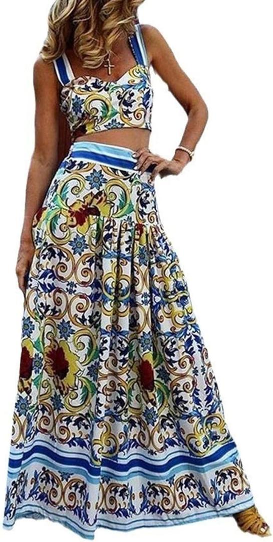 ksotutm 2 Piece Skirt Sets for Women Animal Printed Halter Top High Waist Maxi Skirt Women's Fashion Vacation Outfits (Large, Blue)