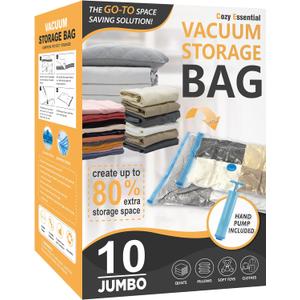Cozy Essential Vacuum Storage Bags, 80% Compression Vacuum Seal Space Saver Plastic Packaging Bags for Clothes, Blankets, Pillow, Bedding, Comforters, Sealer Clothing Storage,10 Jumbo