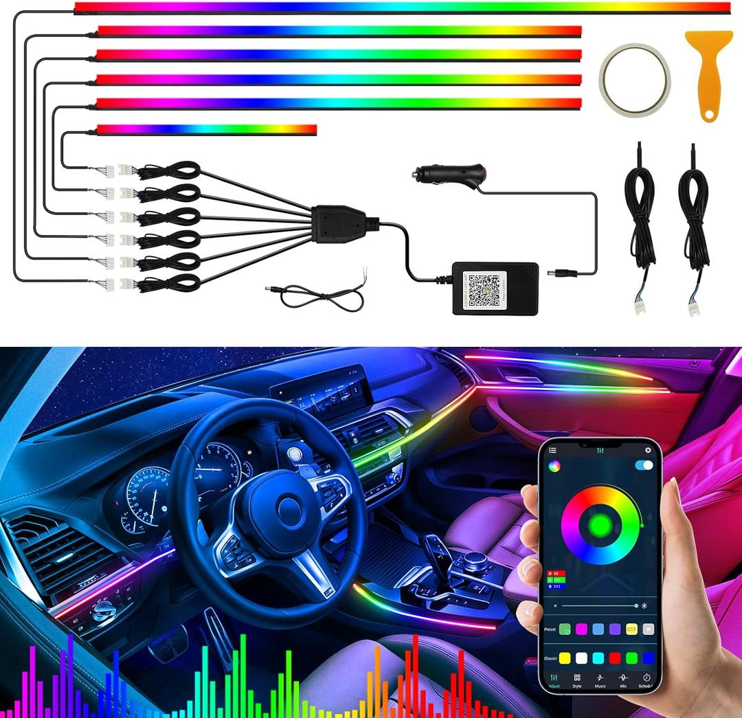 Interior LED Strip Lights, Acrylic LED Lights with Wireless APP Dynamic Dreamcolor Chasing 6 in 1 Car Ambient Lighting Kits, 175 inches 593 LED Sound Active Function Neon Lights