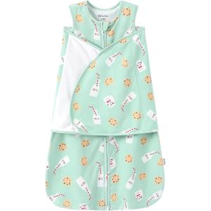PATPAT Cotton Swaddle for Newborns, Soft Baby Wearable Blanket, Quiet Hook & Loop Closure, Easy Transition Design, 2-Way Zipper for Easy Diaper Changes, 0.5 TOG, Milk & Cookies, 0-3 Months (Green)