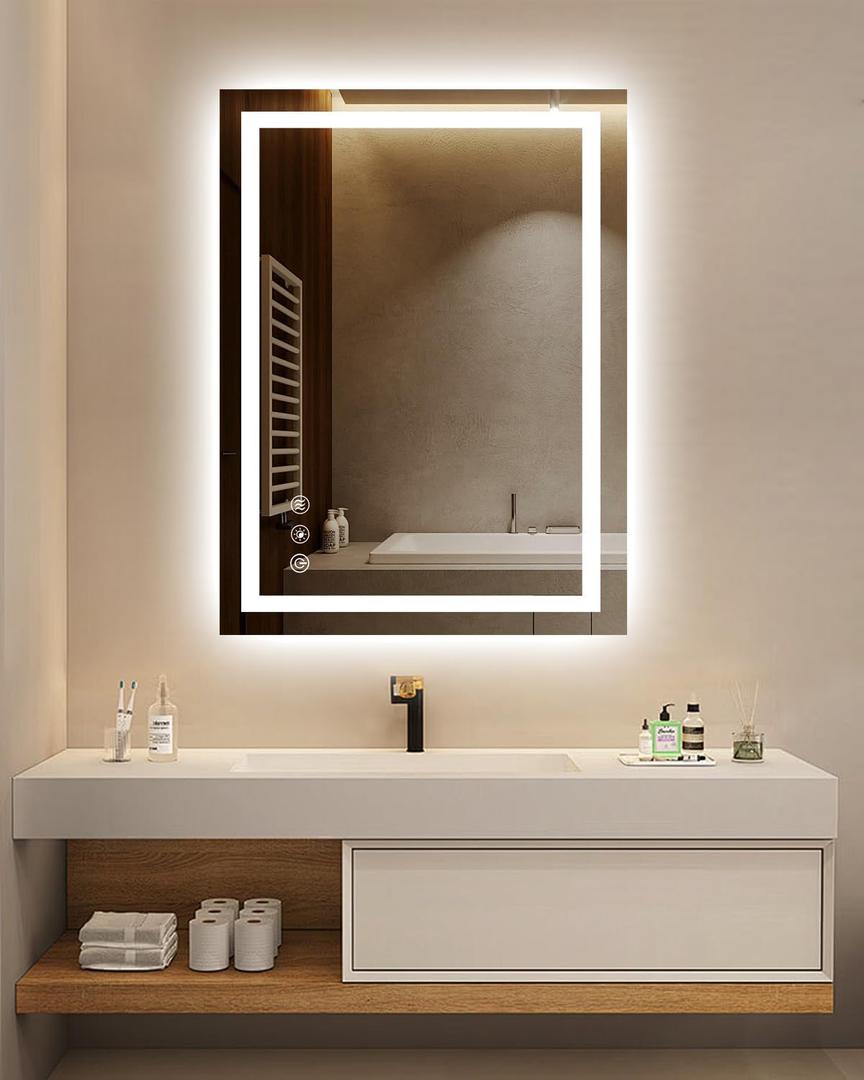 oneup 24x32'' LED Bathroom Mirror,Lighted Bathroom Mirror with Lights,Dimmable 3 Colors Temperature,Anti-Fog,Modern Vanity Mirrors for Wall,Touch Screen,Memory, Shatterproof