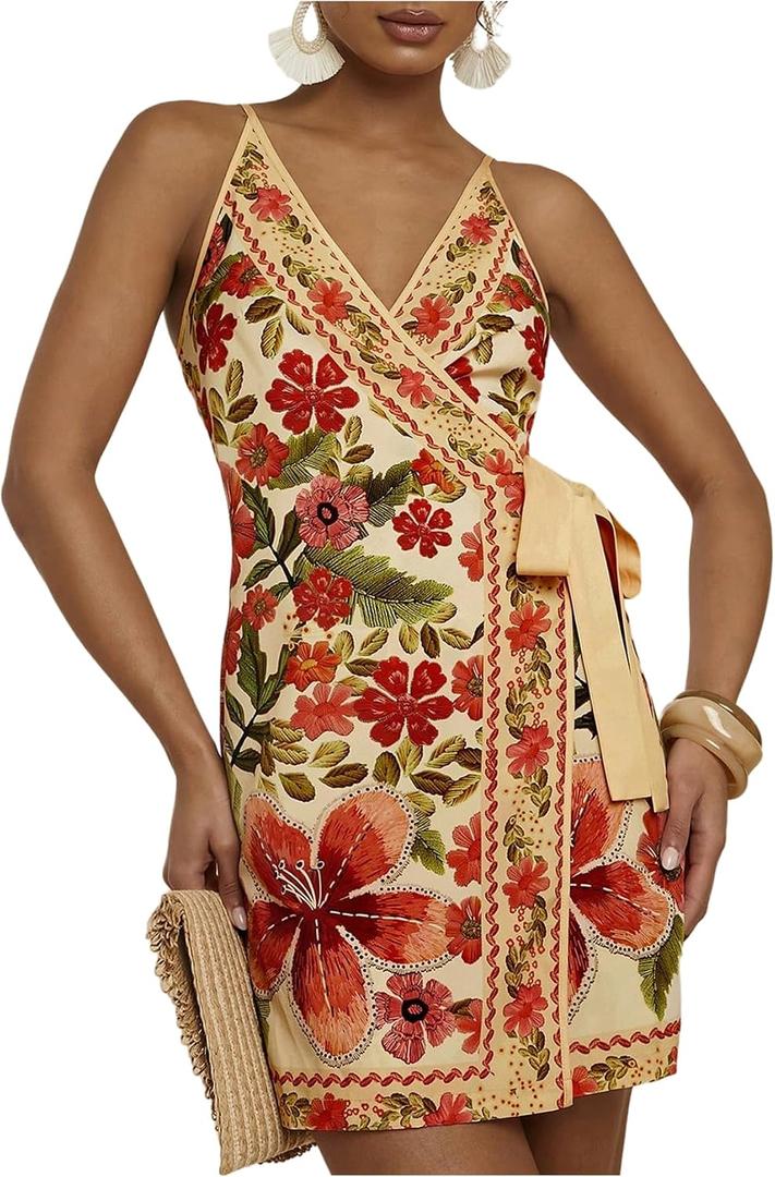 RoseSeek Women's Tropical Print Wrap Dress Sleeveless Vacation Dresses, Yellow Floral (XS)