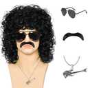 Mens Short Curly Black Wig With Sunglasses and Necklace Fake beard-70s 80s Fluffy Afro Punk Rockstar Wig for Men Cosplay Halloween Party Costume Wig