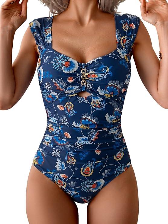 Eomenie Women's One Piece Swimsuit Tummy Control Cutout Bathing Suit Push Up Wide Straps Swim Suit M
