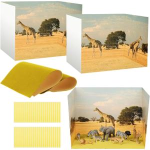 AmazingSpark 2 Set Grassland Diorama Box and Fake Grass Decor, Africa Safari Animal Diorama Project Supplies Set, Cardboard Display Case Kit & Artificial Grass with Double Sided Tapes for DIY Crafts