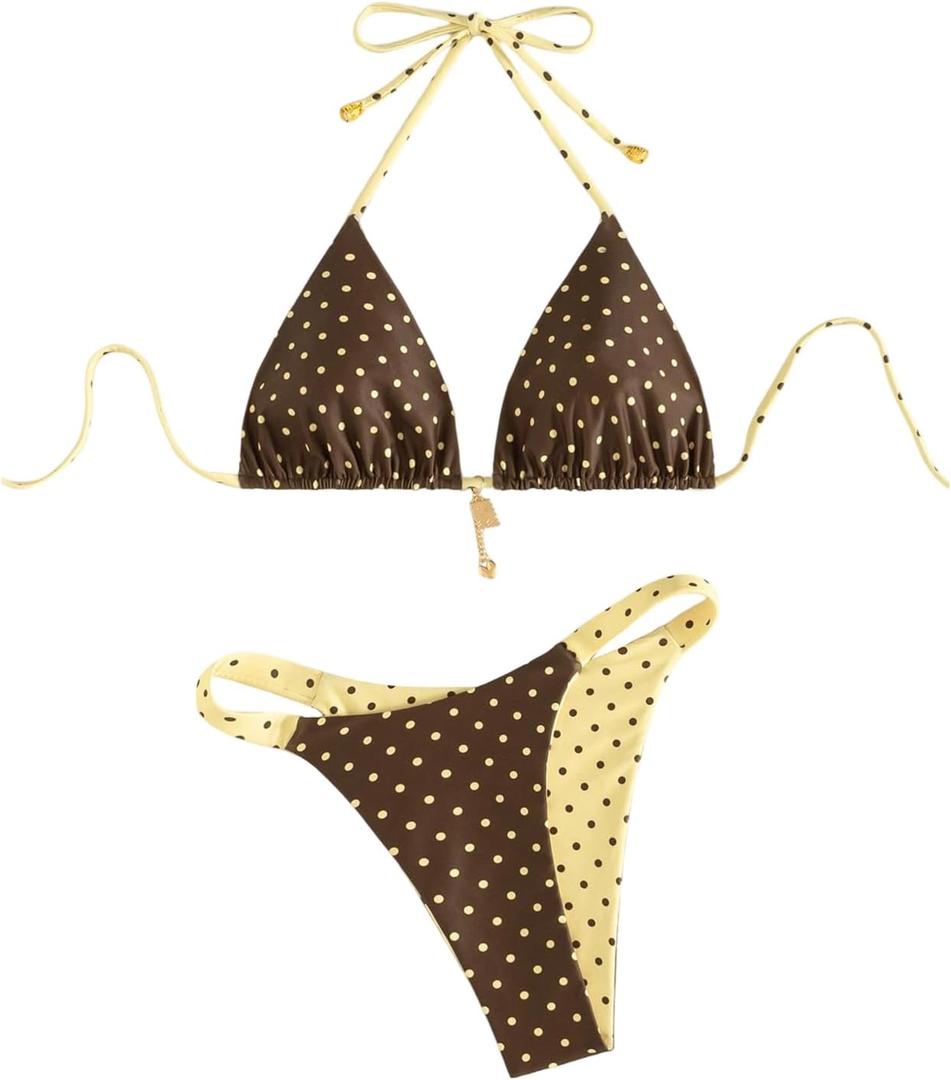 BEAUDRM Women's 2 Piece Polka Dots Bikini Set Halter String High Cut Thong Reversible Bathing Suits Resort Wear, XS