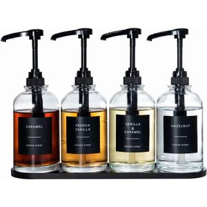 Coffee Syrup Dispenser for Coffee Bar, Glass Syrup Bottle with 1/4 oz Large Capacity Pump, Syrup Pump Dispenser with Pump for Coffee Station, Black with Tray,16.9oz, Set of 4