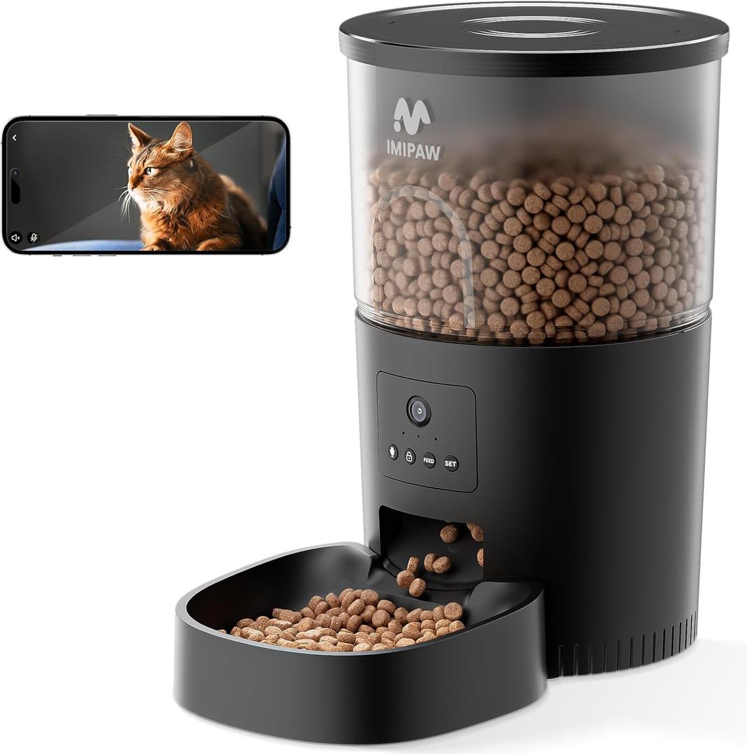 Automatic Cat Feeder with Camera, APP Remote Control, Programmable Food Dispenser, 2-Way Audio, Timed Cat Feeders for Dry Food, 1-8 Meals Per Day for Pets, 10s Voice Recorder(Support 2.4GHz WiFi) (Black)